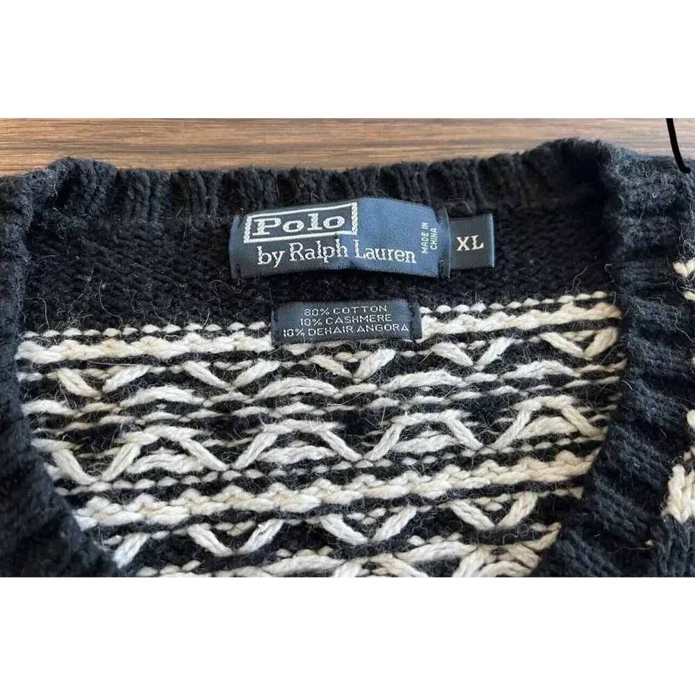 Polo Ralph Lauren Black White Apres Ski Cotton Cashmere-Angora Knit Sweater XL